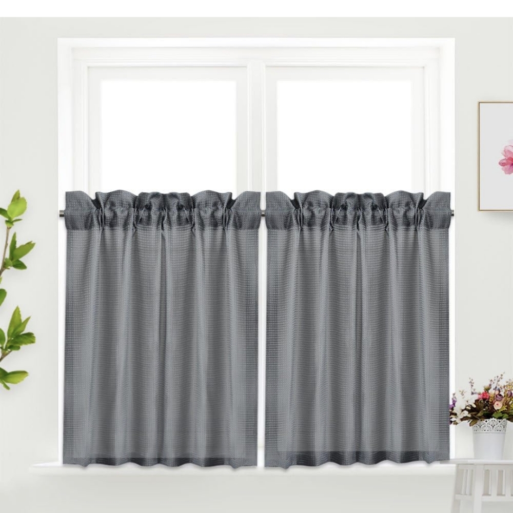 IDEALHOUSE Grey Tier Curtains,Waffle Woven Textured Window Curtain 30 Inch Pair